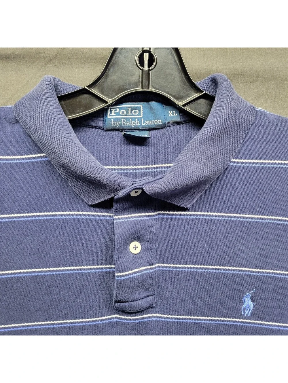 Men's Navy Blue White Striped Polo by Ralph Lauren Light Blue Pony Sz XL